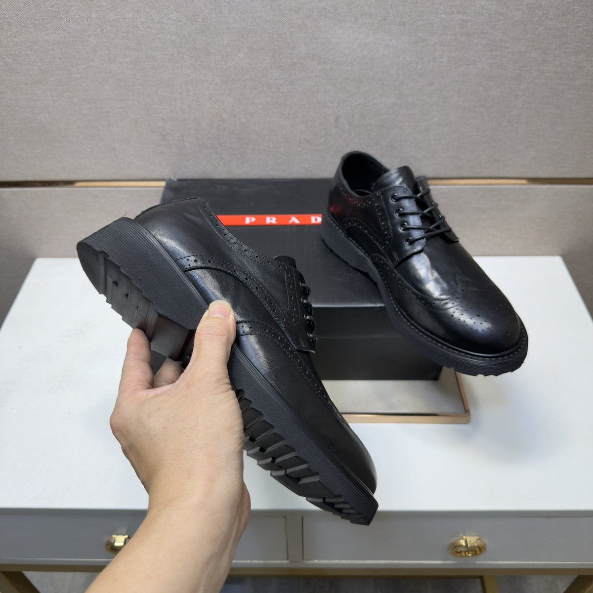 Prada Black Brogue Lace-Up Shoes — detail