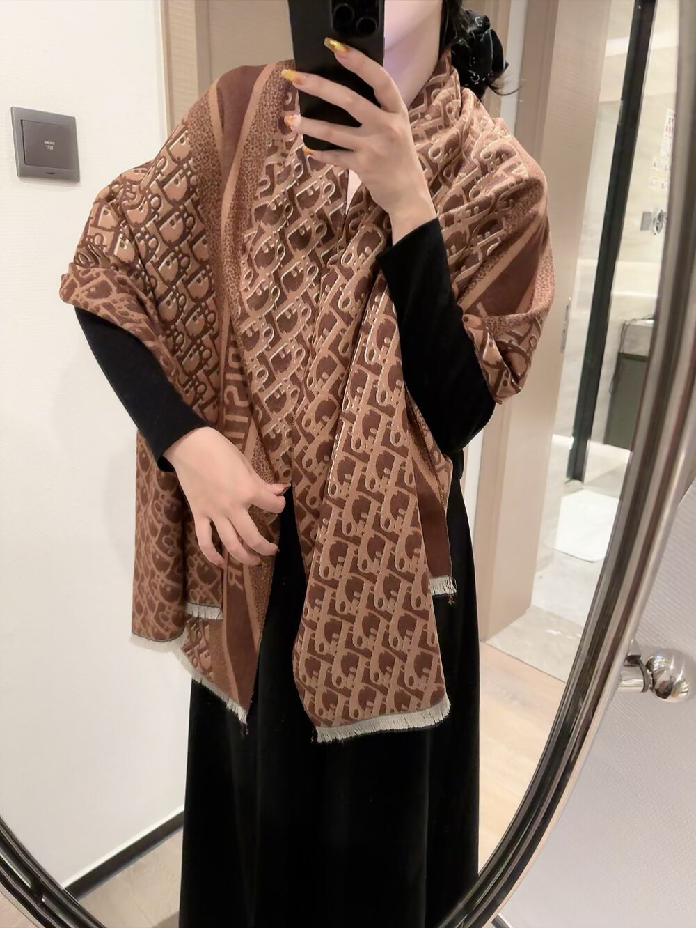 Dior Brown & Beige Fringed Scarf Shawl — model