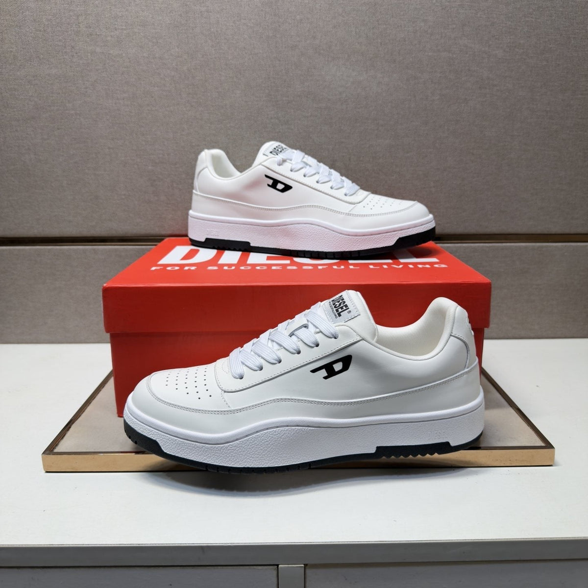 DIESEL White and Black Low-Top Sneakers — front