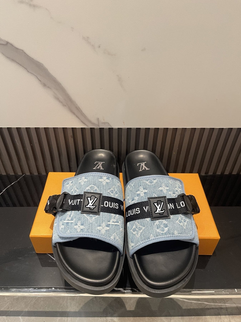 Louis Vuitton Light Blue and Black Slide Sandals — front
