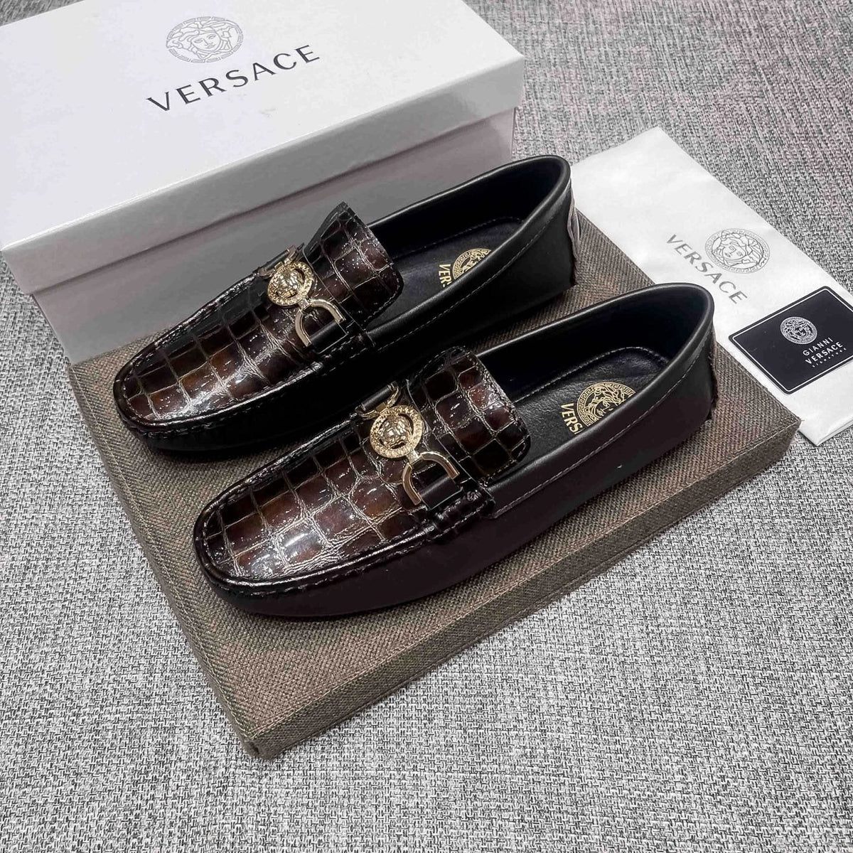 Versace Dark Brown Croc-Embossed Loafers — front