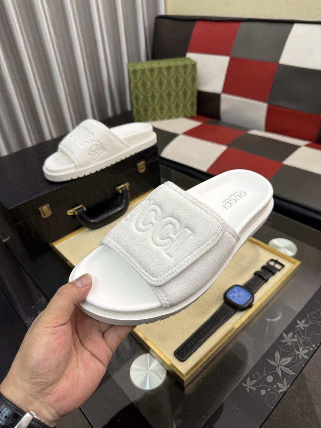 Gucci White Embossed Slide Sandals — front