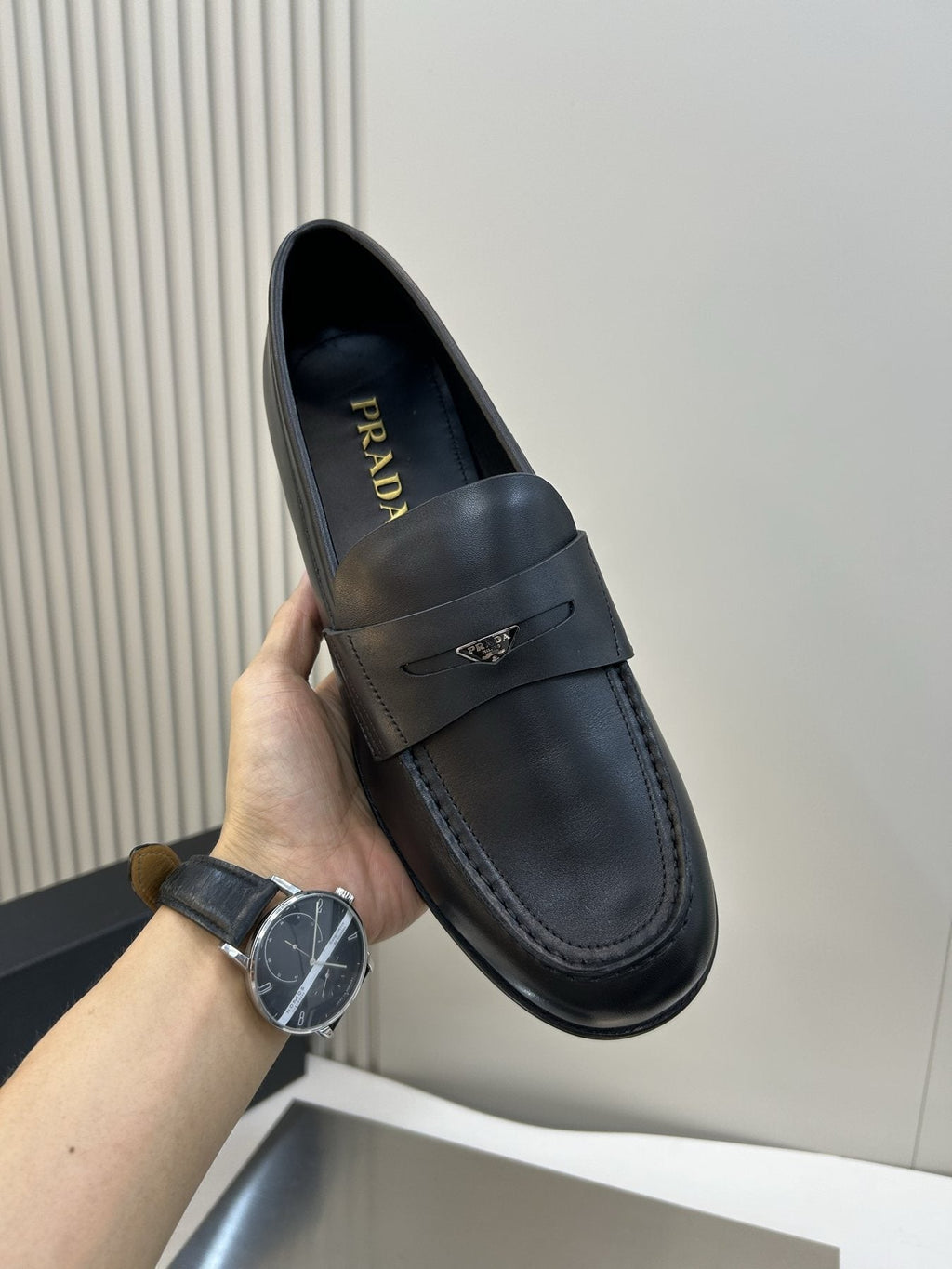 Prada Black Leather Penny Loafers — front