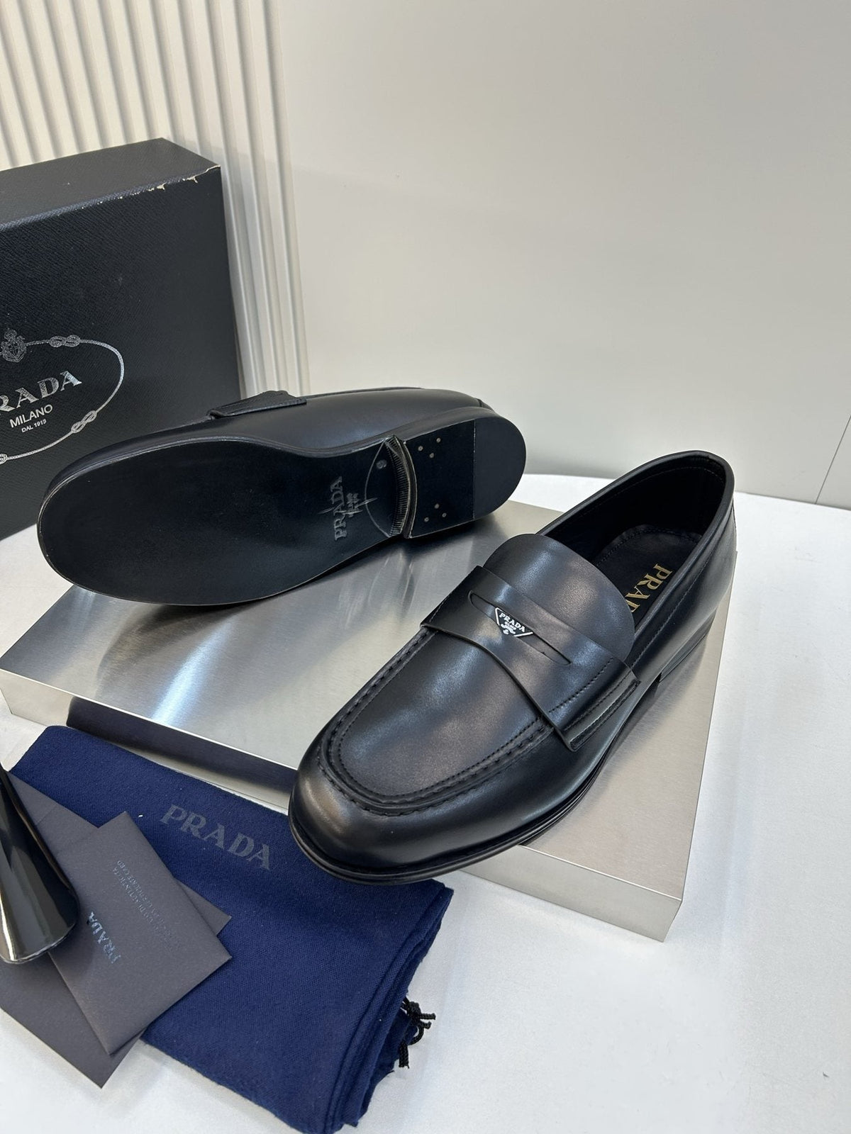 Prada Black Leather Penny Loafers — side
