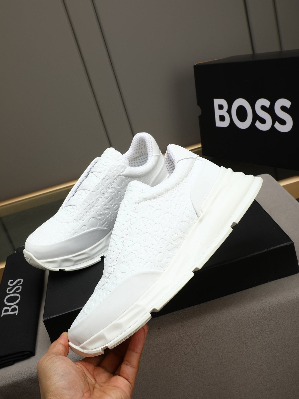 BOSS White Embossed Low-Top Sneakers — model