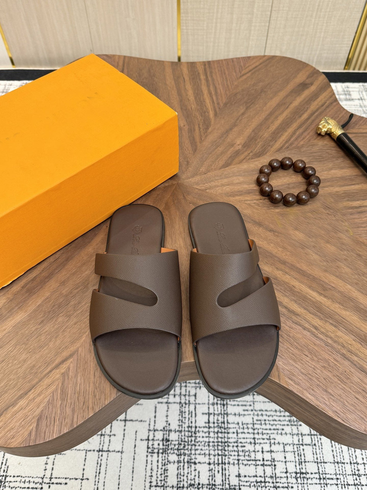 Loro Piana Dark Brown Leather Slide Sandals — hero