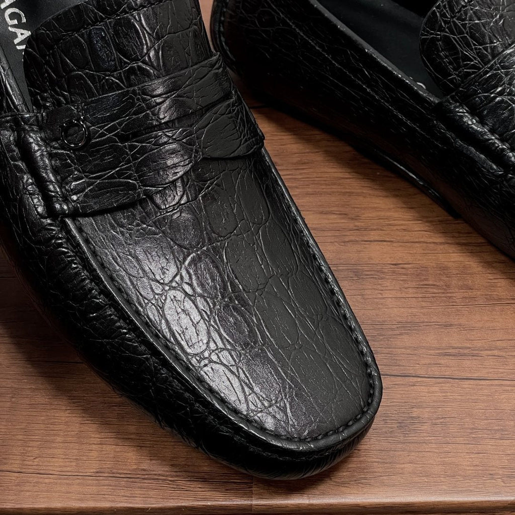Ferragamo Black Crocodile-Embossed Driving Loafers — detail