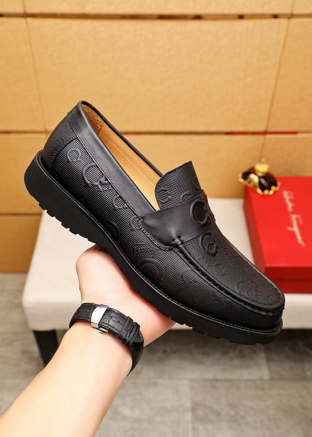 Ferragamo Black Embossed Slip-On Shoes — model