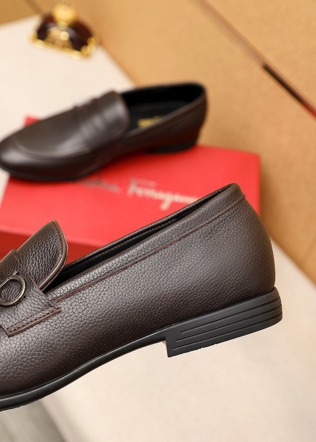 Ferragamo Textured Metal-Strap Loafers — detail