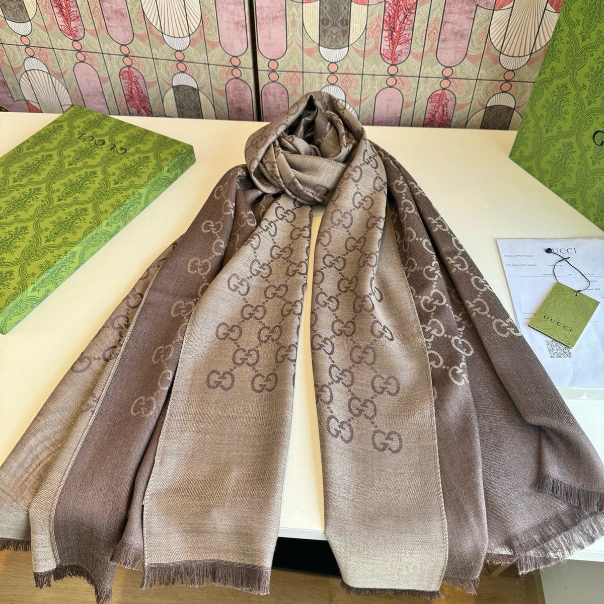 Gucci Reversible Monogram Fringe Scarf — front