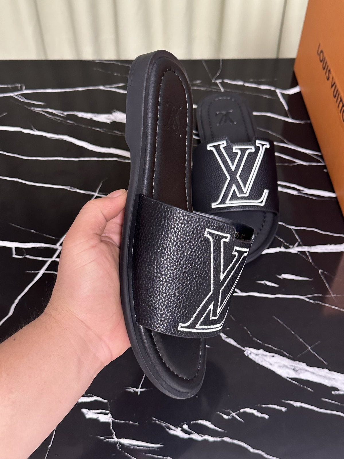 Louis Vuitton Logo Strap Slide Sandals — front