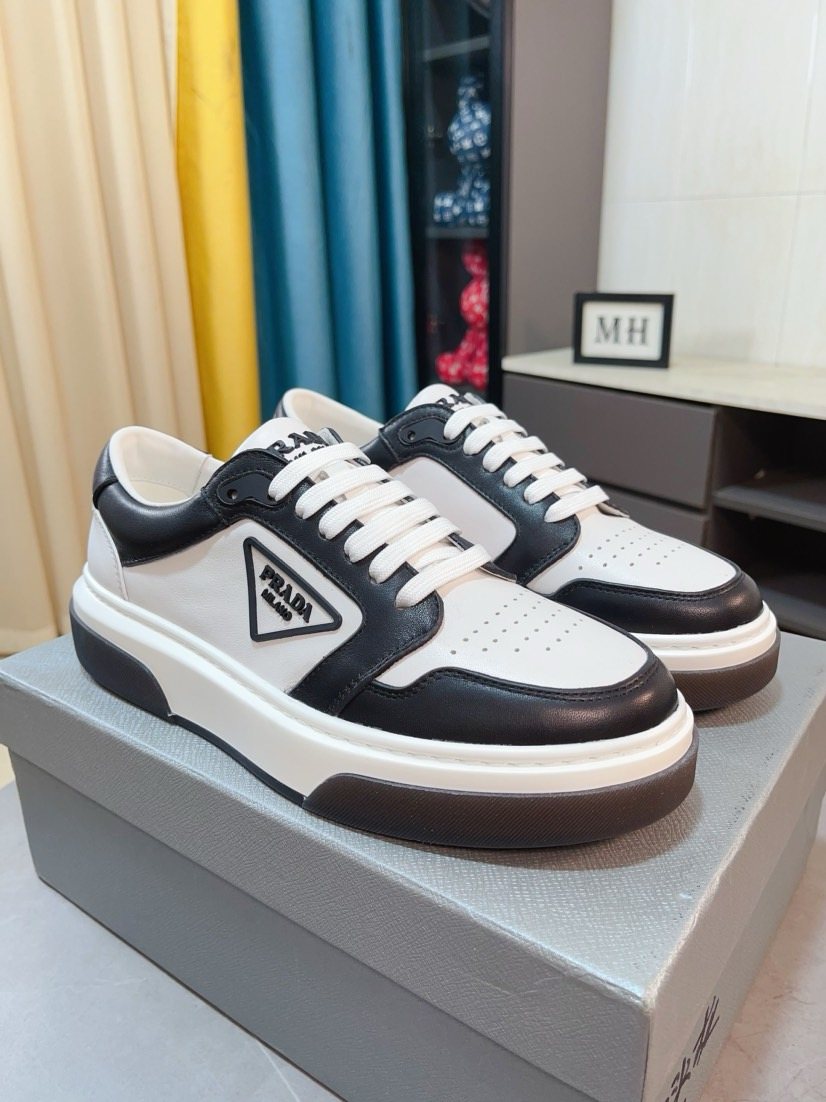 Prada Black, White & Taupe Low-Top Sneakers — front