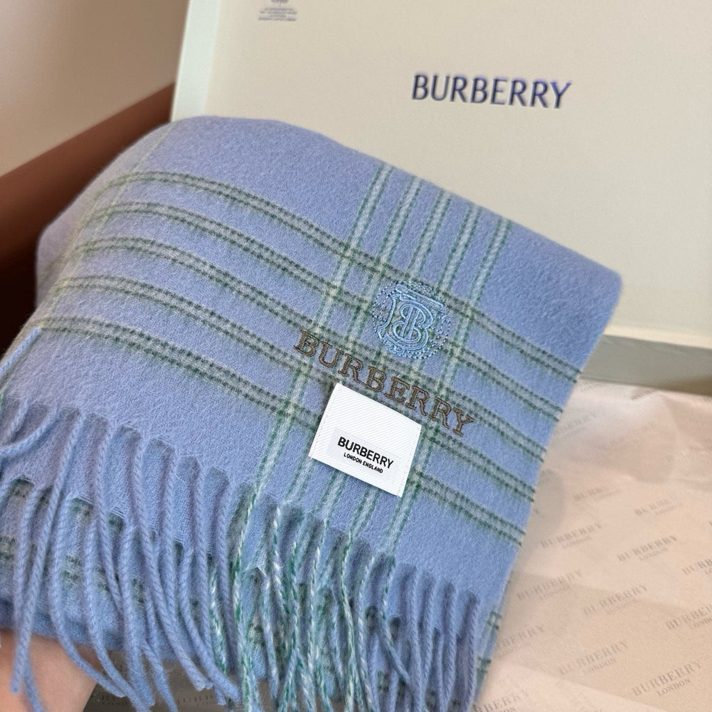 Burberry Light Blue Plaid Fringed Scarf — detail