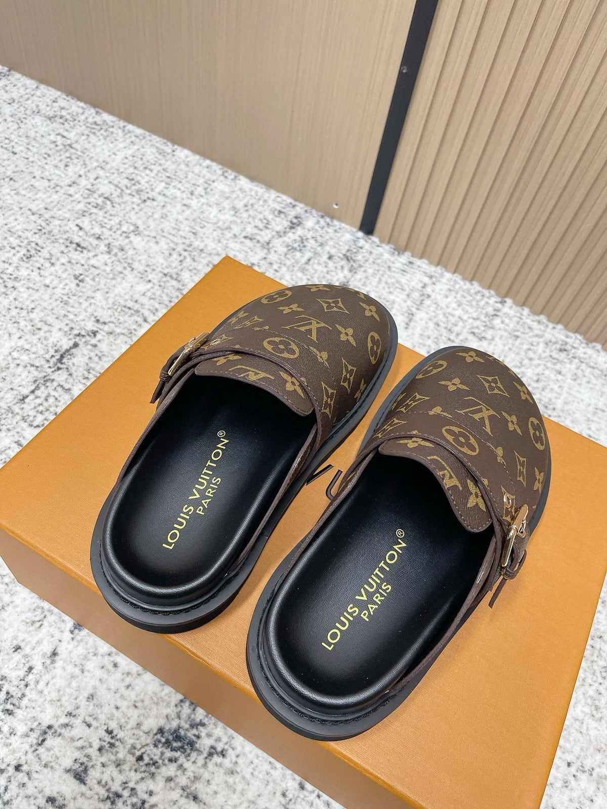 Louis Vuitton Monogram Buckle Clog Sandals — front