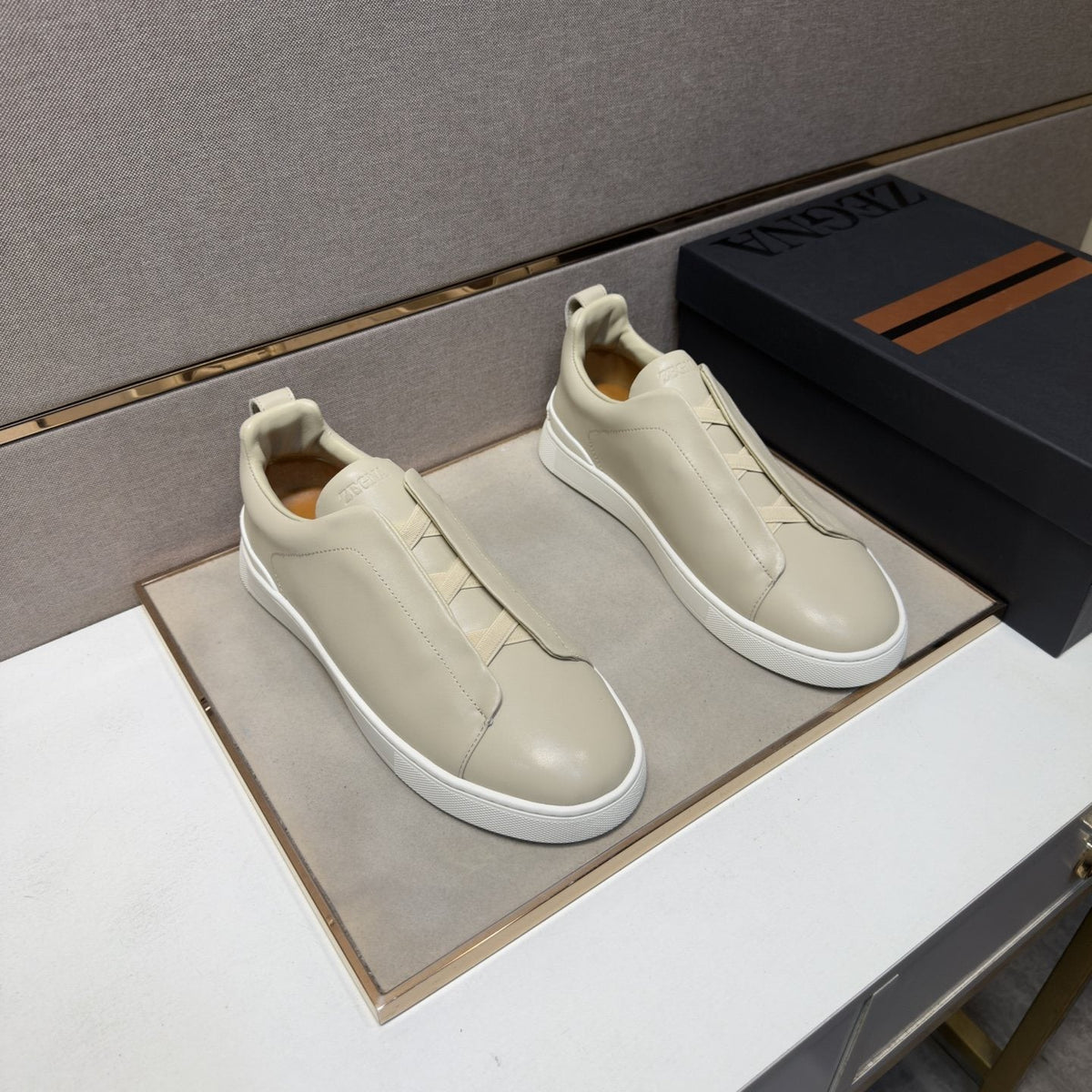ZEGNA Brown Leather Slip-On Sneakers — front