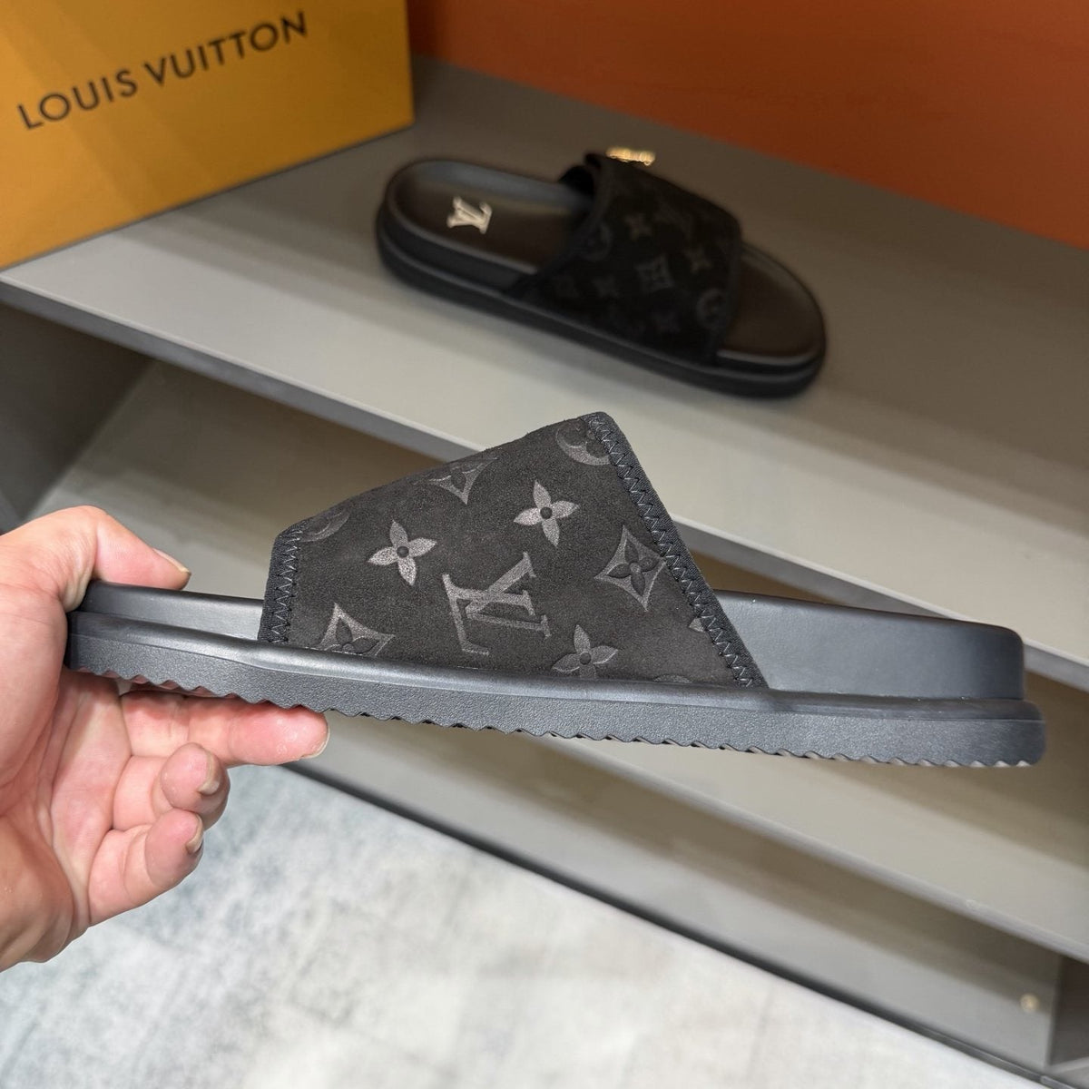 Louis Vuitton Black Monogram Strap Slide Sandals — side