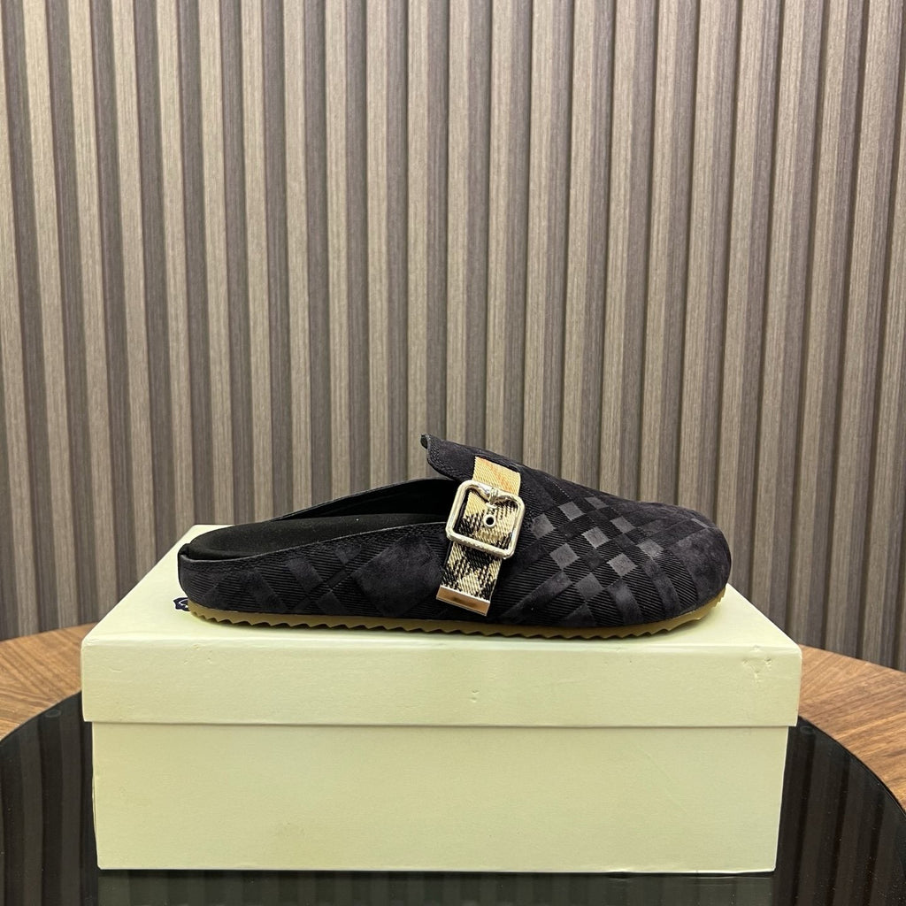 Burberry Brown Plaid Buckle Mule Slippers — side