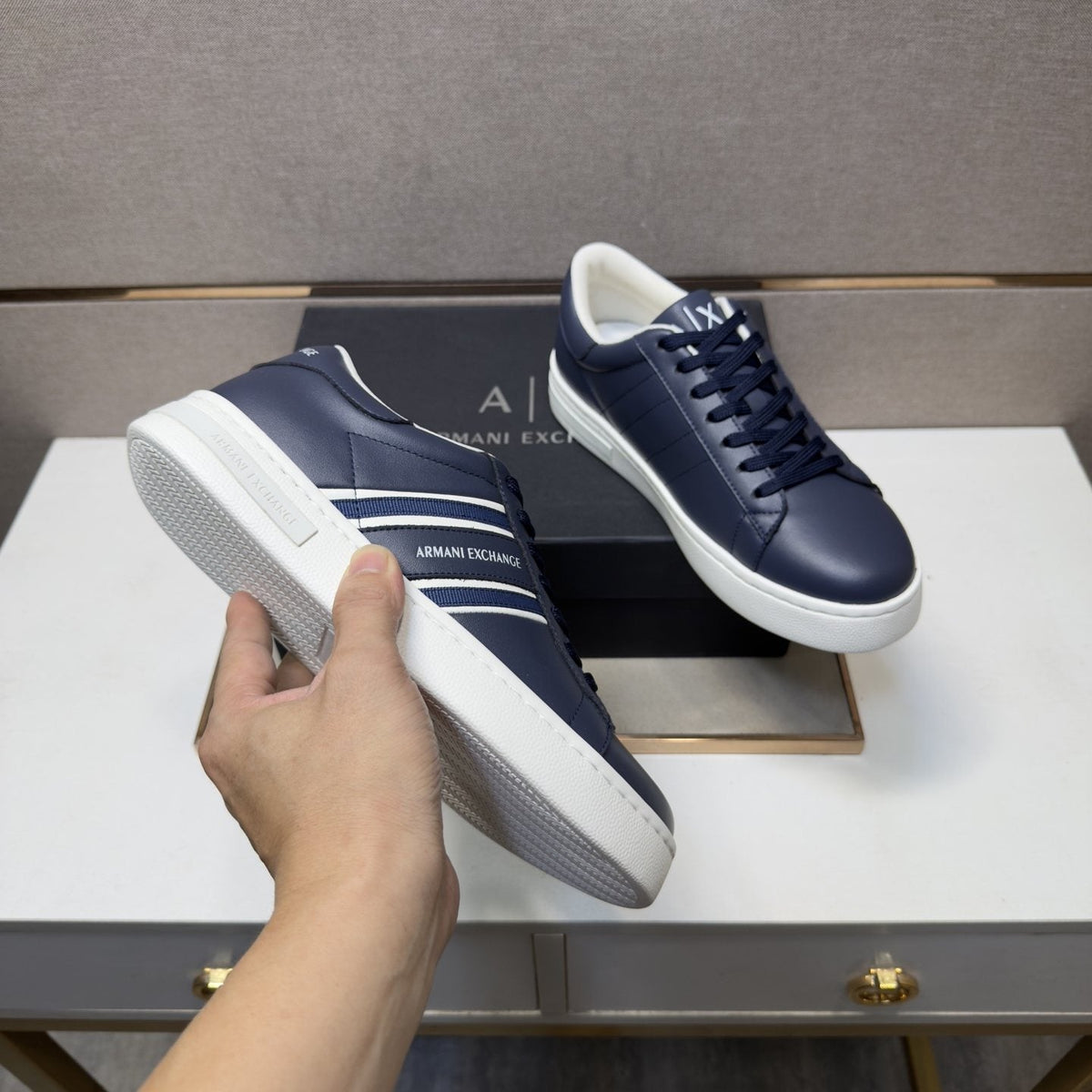 Armani Navy and White Stripe Sneakers — model